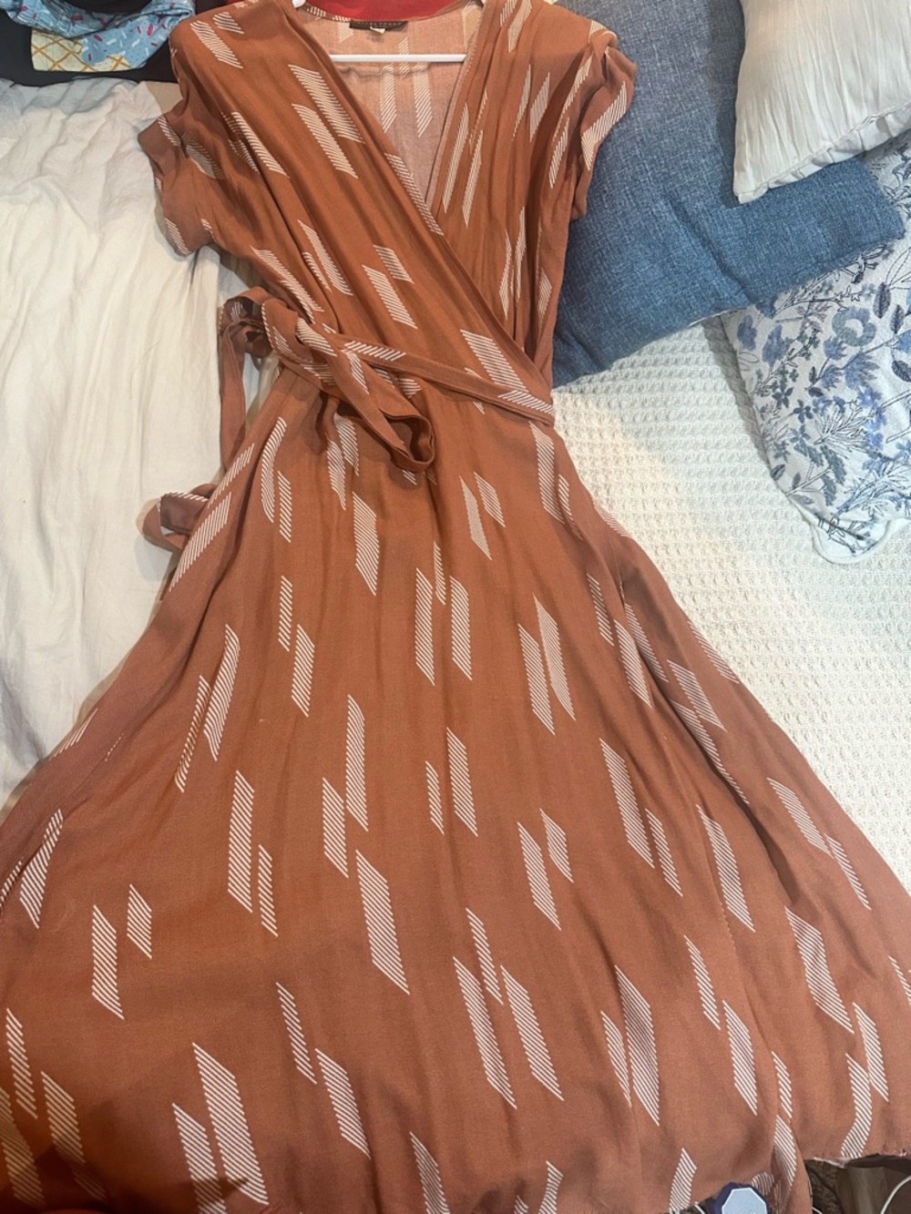 Final Touch Rust Wrap Midi Dress with Cream Geometric Print